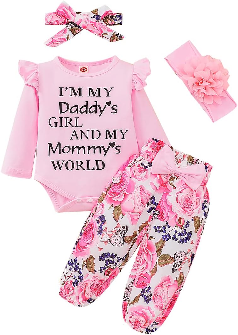 QUNERY Newborn Baby Girl Clothes Daddy's Girls Long Sleeve Romper Tops Floral Pants Sets Headband Infant Girl Fall Outfits