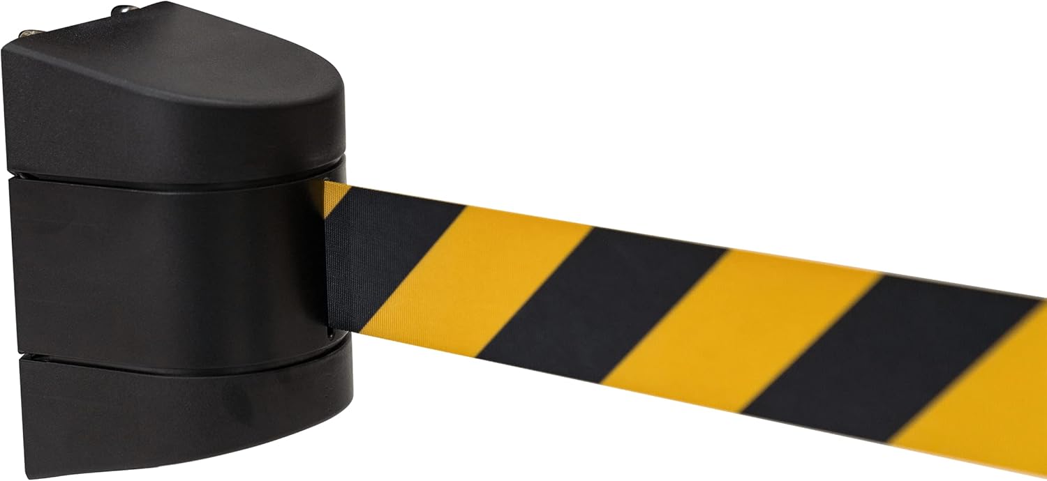 The Workplace Depot Wall Mounted Magnetic Belt Barrier – 4.8m Extendable Chevron Tape with Safety Brake, Durable Black Finish – Quick Install for Crowd Control or Safety Zones (Black/Yellow)