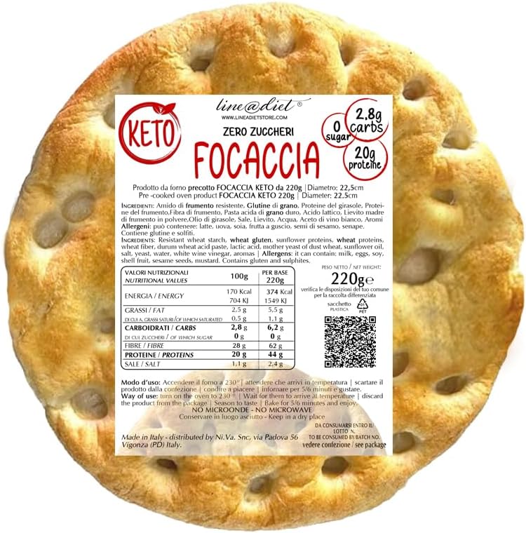 KETO FOCACCIA Line@diet | 220g artisan Italian focaccia with high PROTEIN content | 2.8% carbohydrates, 44g protein, 0 sugars