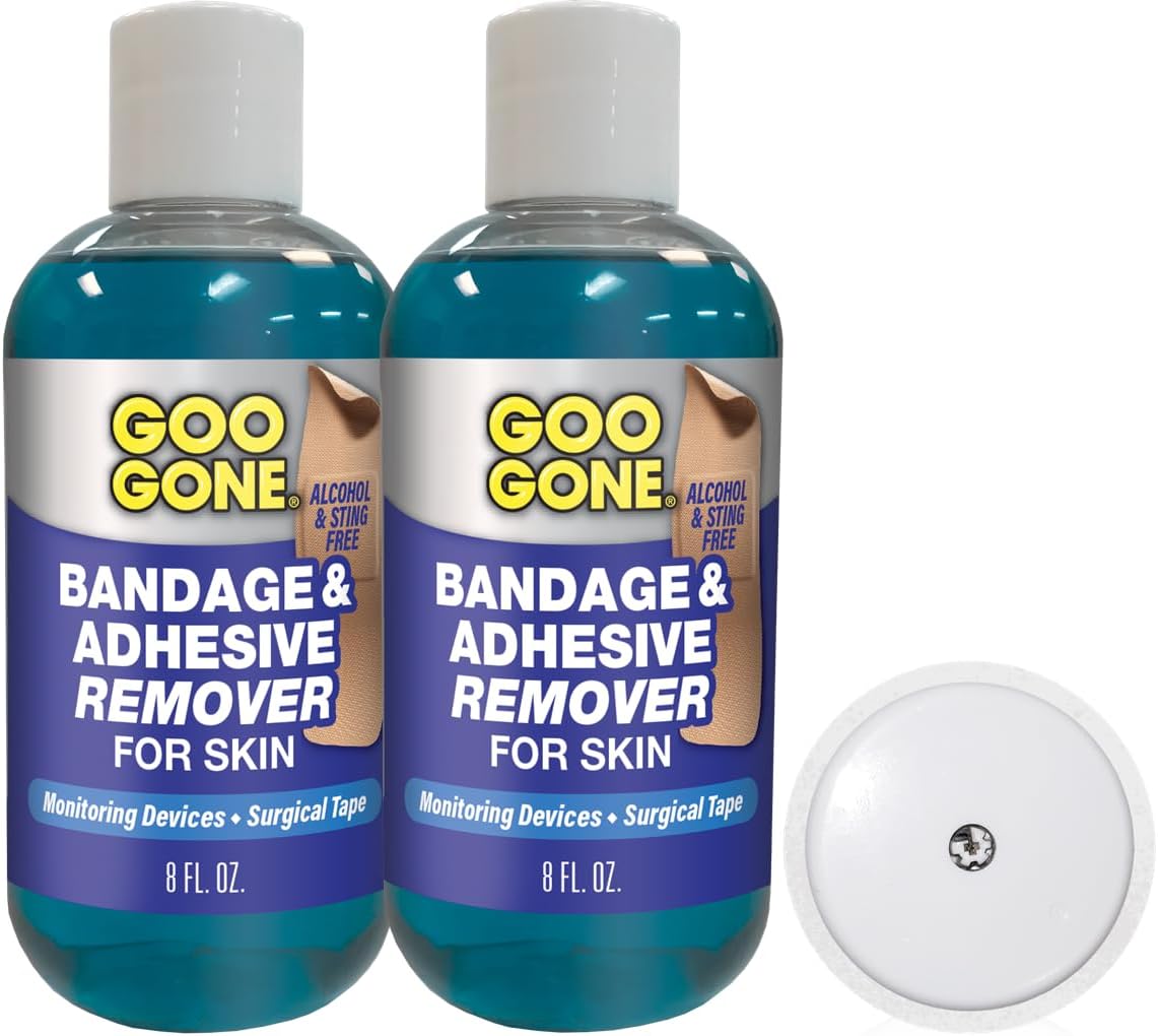 Goo Gone Bandage Adhesive Remover for Skin - Safe and Pain Free Removal for Sticky Residue from Continuous Glucose Monitors, KT Tape, Medical Tape, Heart Rate Monitors, Insulin Pumps, 8 oz (Pack of 2)