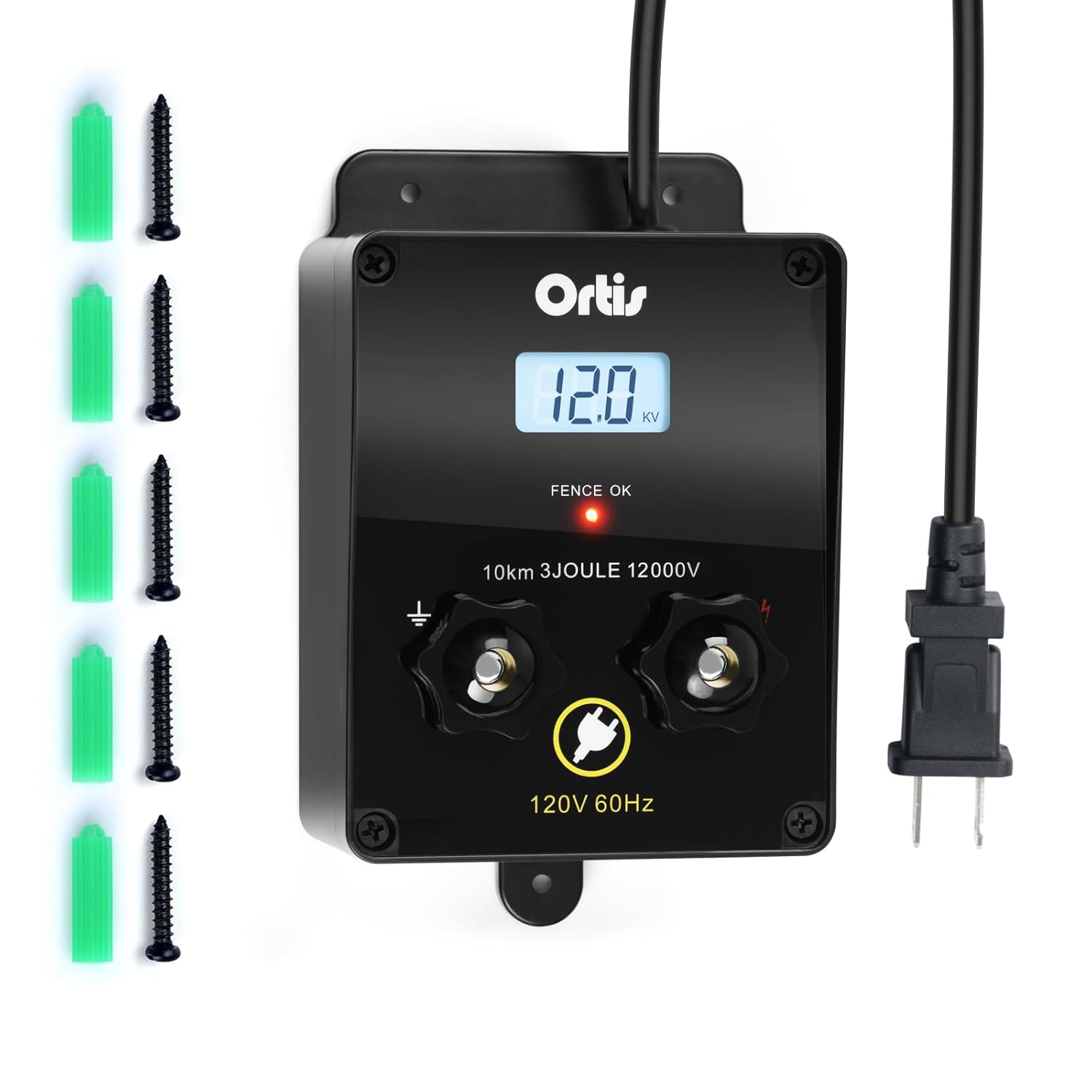 Electric Fence Energizer with LCD Display, Ortis 12,000V 3 Joules Electric Fence Charger, 6.2 Mile Range, Safe & Effective Animal Control for Livestock, Garden & Pasture Protection