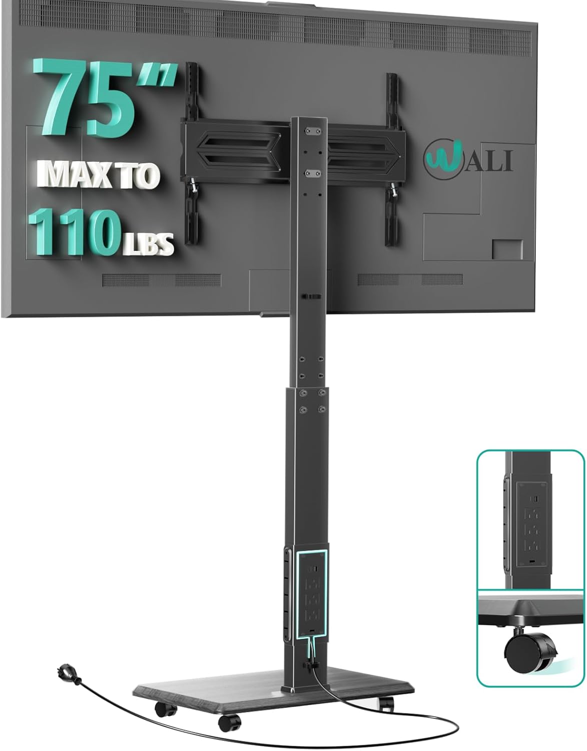 WALI Rolling TV Stand with Power Outlet, Mobile Tall TV Stand Mount on Wheels for 32-75 inch TV up to 110 lbs, Swivel Height Adjustable TV Cart with Wood Base for Bedroom(TVDVD-7PR), Black