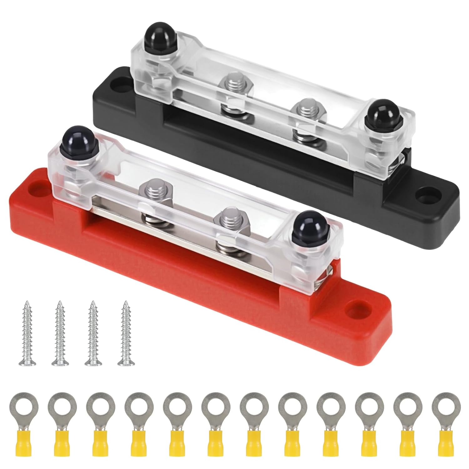 12V-48V Bus Bar Terminal Block Bus Bar Power Distribution Block Single-Row Covered Power Ground Distribution Block Heavy Duty Busbar Stud Terminal Junction Blocks for Cars RVs Ships Yachts (Red+Black)