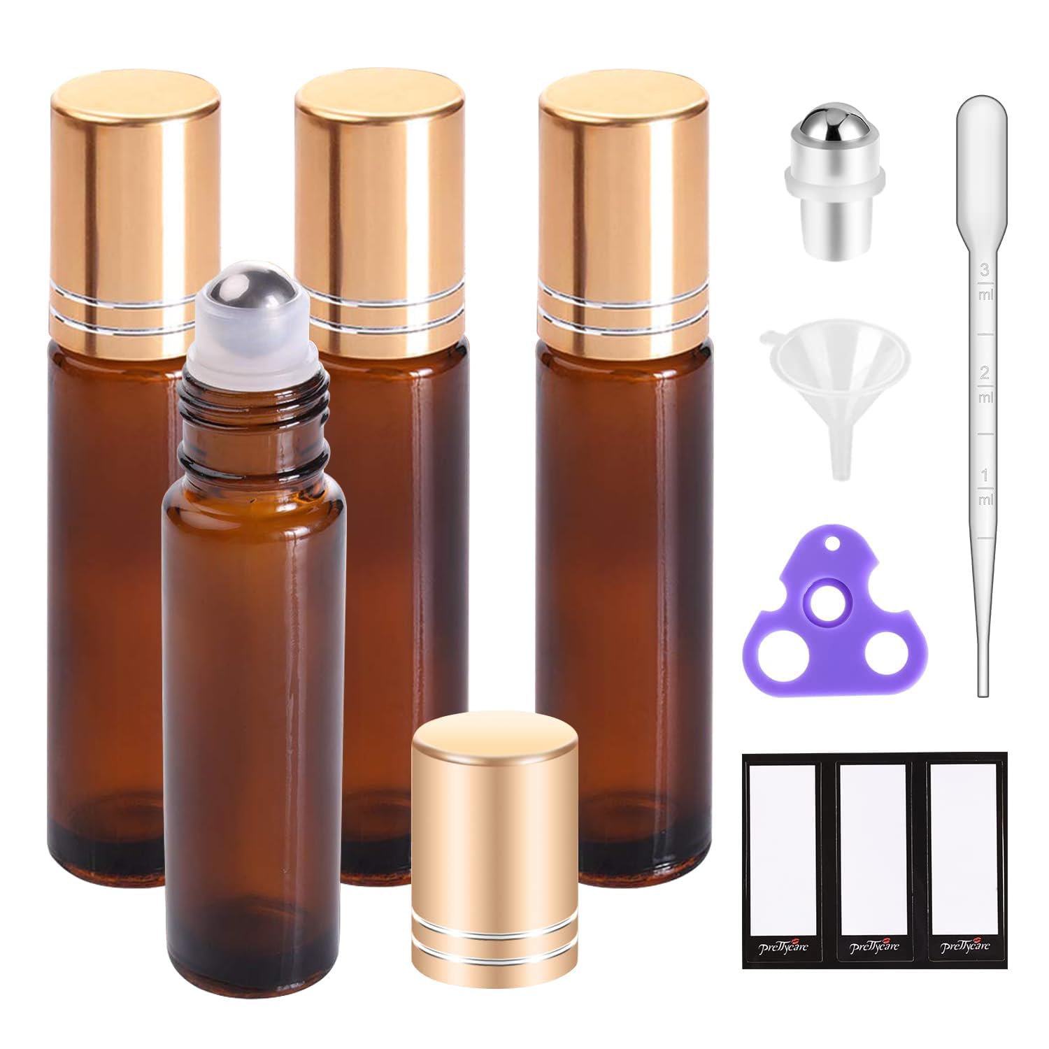 PrettyCare 4 Pack, 10 ml Essential Oil Roller Bottles with Stainless Steel Roller Ball - Refillable Leak-proof Empty Thick Amber Glass Roll on Bottles with Metal Caps for Travel, Perfume