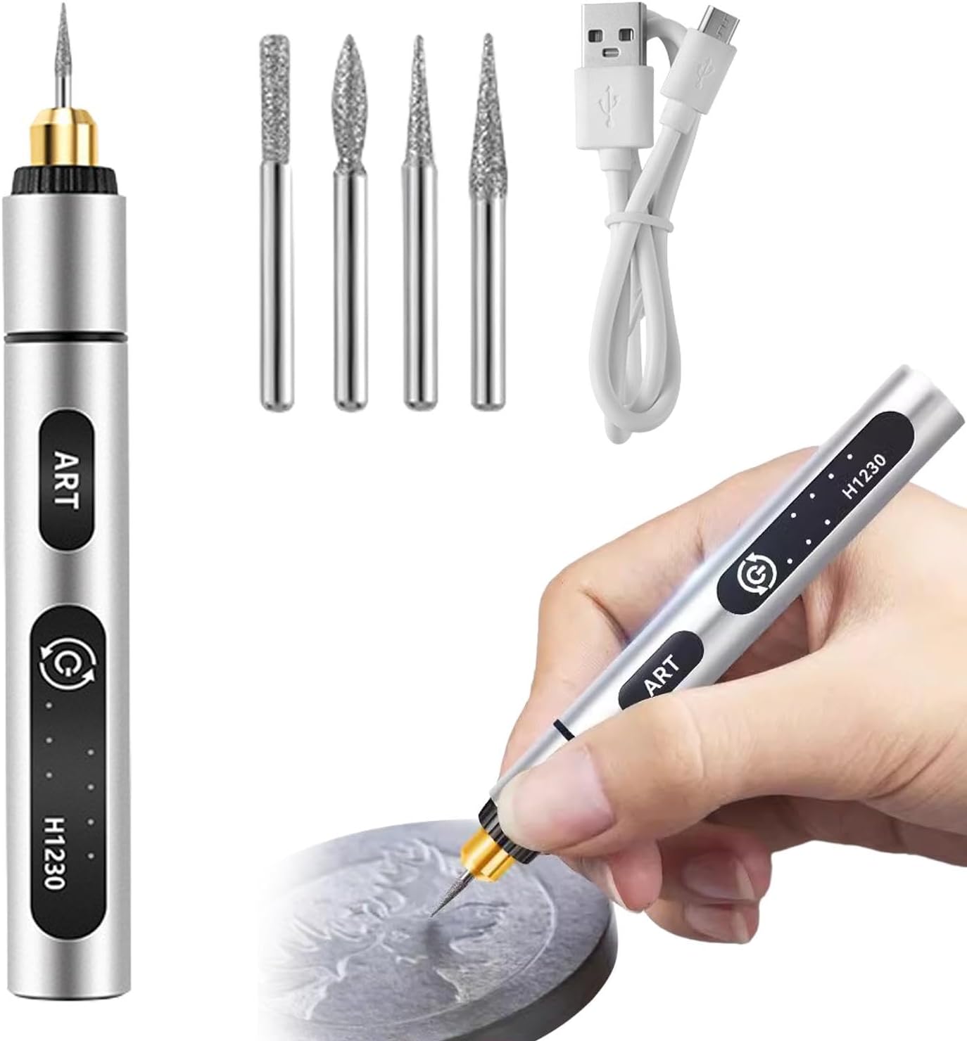 Electric Engraving Tool Kit, USB Cordless Rechargeable Engraving Pen With 4 Tungsten Carbide Tip, Mini DIY Rotary Engraver for Carving Leather Wood Metal Stone Plastic Jewelry Glass(Silver)