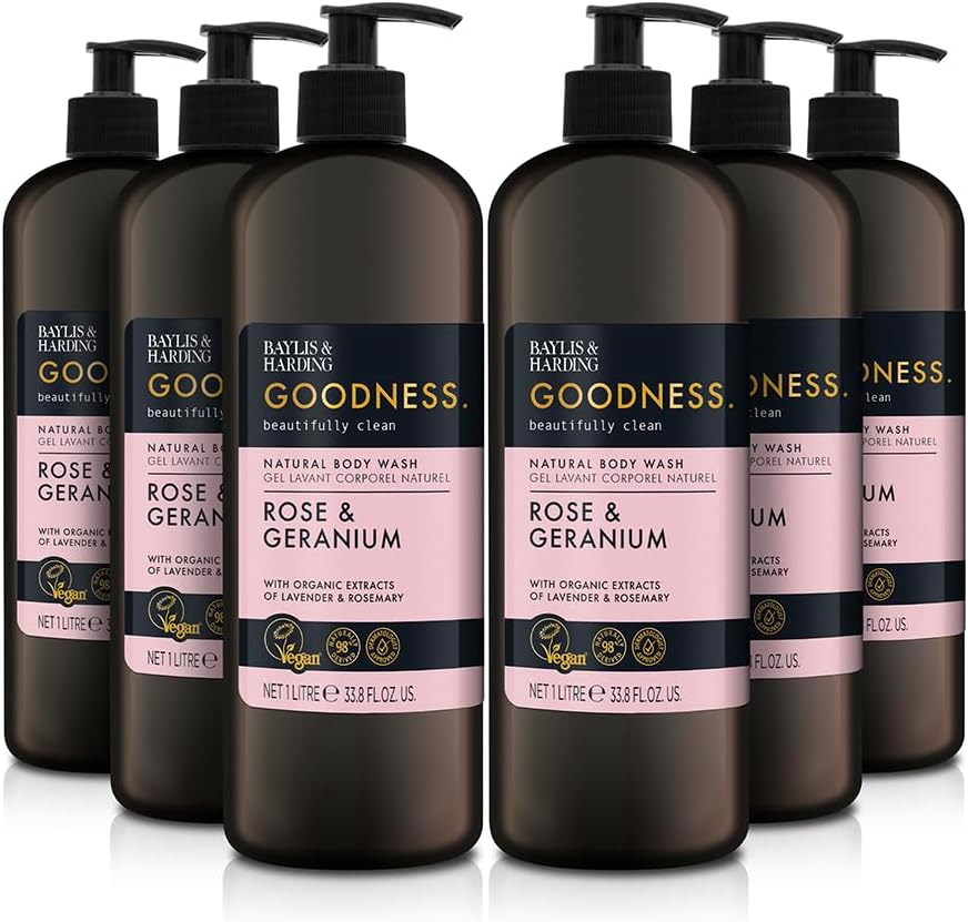 Baylis & Harding Goodness Rose & Geranium Natural Body Wash 1 Litre (Pack of 6) - Vegan Friendly