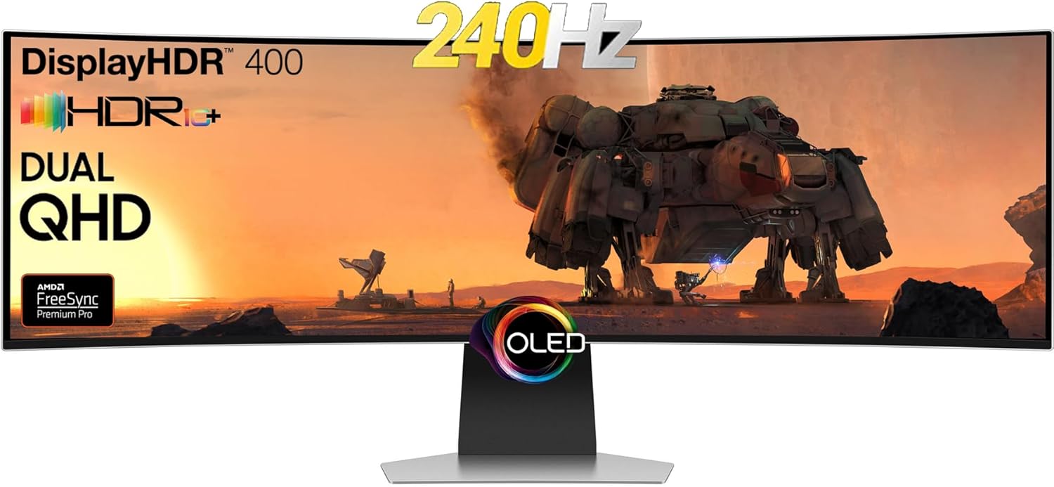 SAMSUNG Odyssey OLED G9 Curved Gaming Monitor - 49" Dual QHD (5120 x 1440) OLED - 240Hz Refresh Rate - 32: 9-0.03ms GTG - HDR10+ - 1,000,000:1 - AMD FreeSync Premium Pro - Flicker Free - Silver