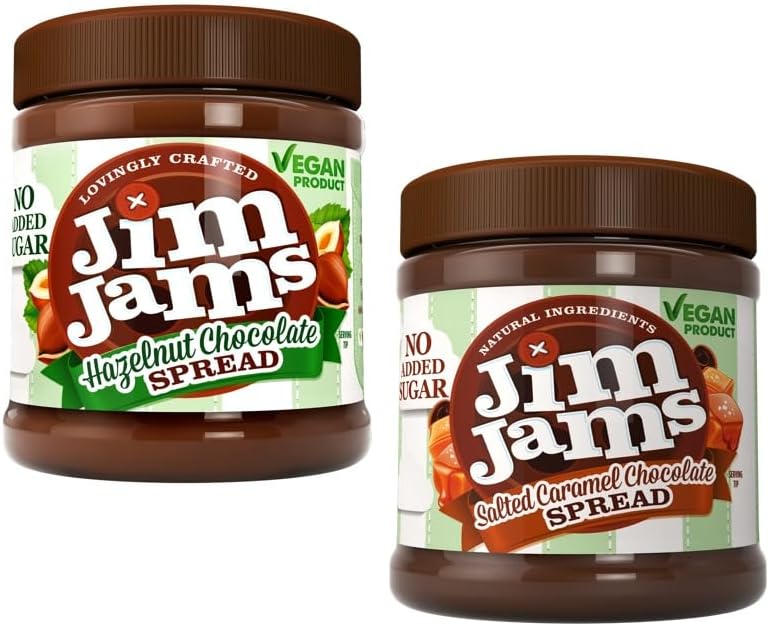 Jimjams Plant based Vegan No Added Sugar Salted Caramel & Hazelnut Chocolate Spread 350g | Healthy Diabectic Belgium Choco Spread | Ideal on bread & breakfast & Baking Cakes, Pancakes, (2, Mix)