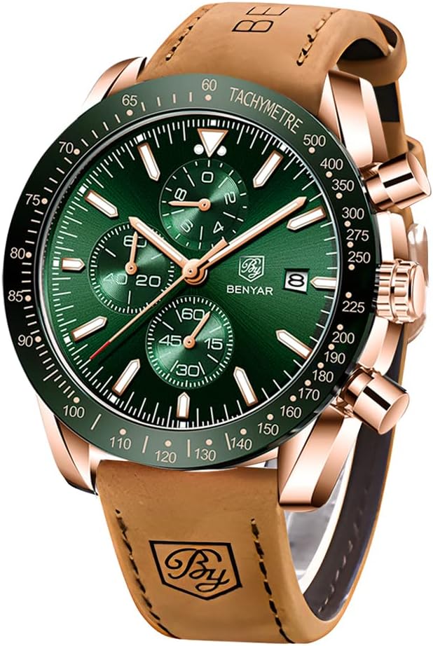 BENYAR Men's Watch Quartz Sports Chronograph Fashion Business Luxury Brand Waterproof Watch Analog Date Men's Brown Leather Watch for Men