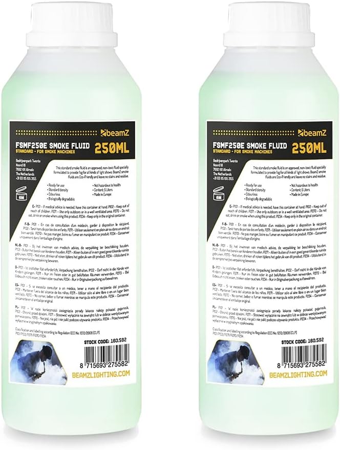 beamz ECO Smoke Machine Fluid Bundle, 2x 250ml Water-Based Low Fog Liquid Bottles for DJ, Disco, Stage Effects, Parties and Halloween Special Events
