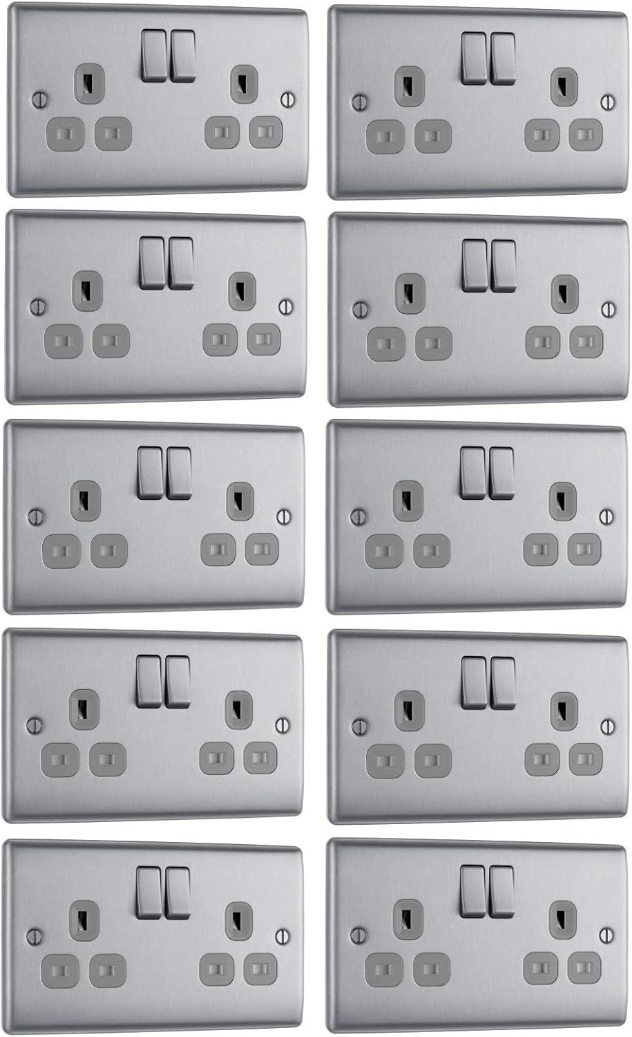 10 x BG Nexus NBS22G Twin Switch Sockets 13 Amp Double Pole Brushed Steel/Grey Inserts