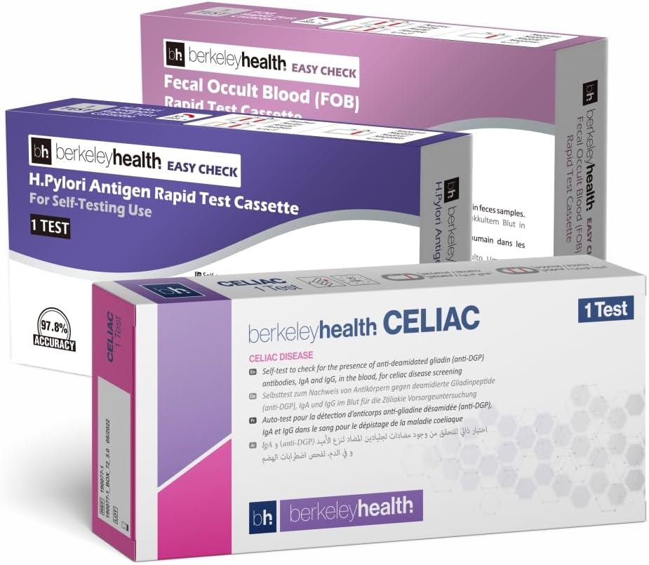 Berkeley Health Digestive Health Self Test Kit Bundle - Celiac Disease, H. Pylori, and Fecal Occult Blood (FOB) Rapid Easy Home Tests - 3 Packs