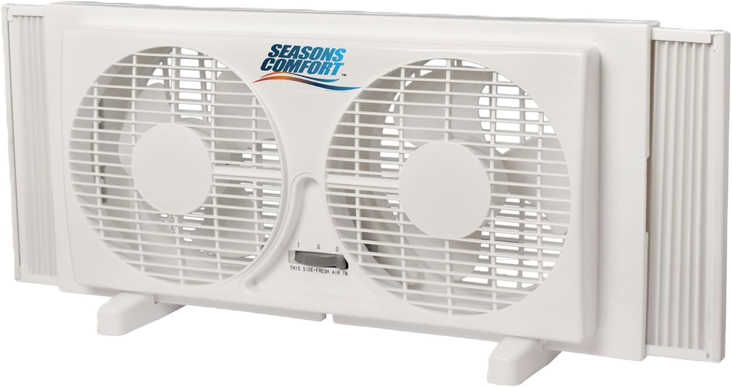 Seasons Comfort Twin Window Fan, Reversible Airflow Control, 9 Inch, 2 Speeds, Expandable, Exhaust, Dual Fan - Ideal for Home, Kitchen, Bedroom & Office