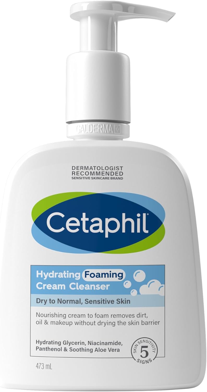 Cetaphil Hydrating Foaming Cream Cleanser and Makeup Remover, 473ml, Face Wash with Niacinamide for Normal, Dry or Sensitive Skin, Vegan-Friendly
