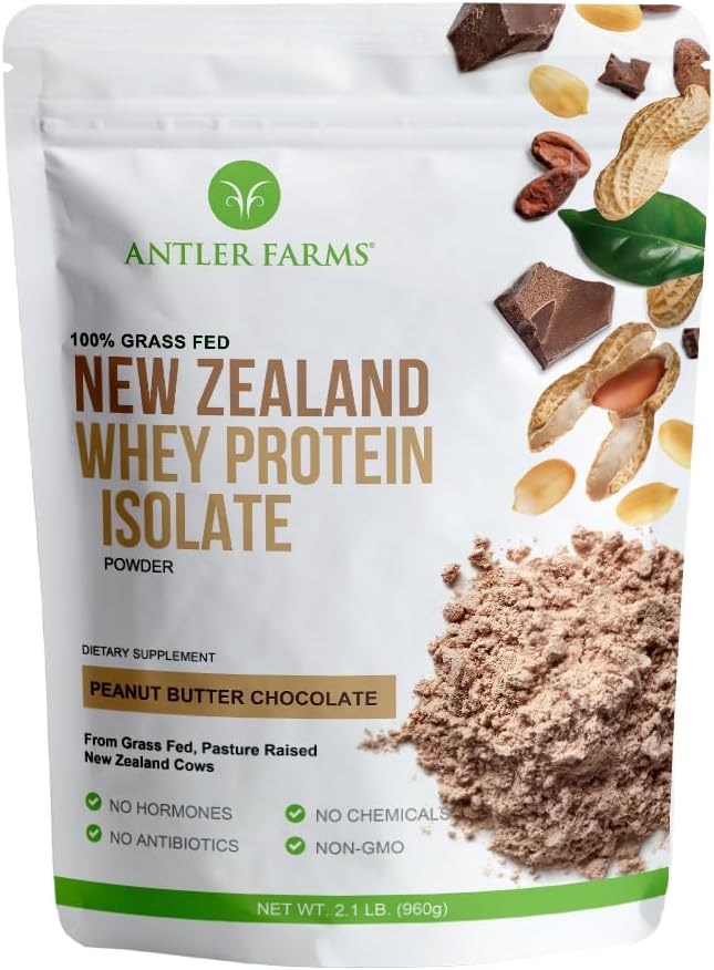 Antler Farms New Zealand Whey Protein - Peanut Butter Chocolate, 2 lbs | Grass Fed Whey Protein Powder, 7 Ingredients, 100% Pure and Clean, Cold Processed, Rapidly Absorbed, Keto Friendly