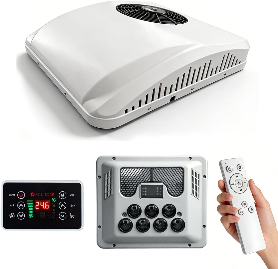 12V RV Air Conditioner with Heat 11000 BTU Cooling & 3500 BTU Heating, Low Profile Rooftop AC Unit for Off-Grid Campers Van Life Boats Trailers,Fast Cooling Quiet Operation Solar & Battery Powered