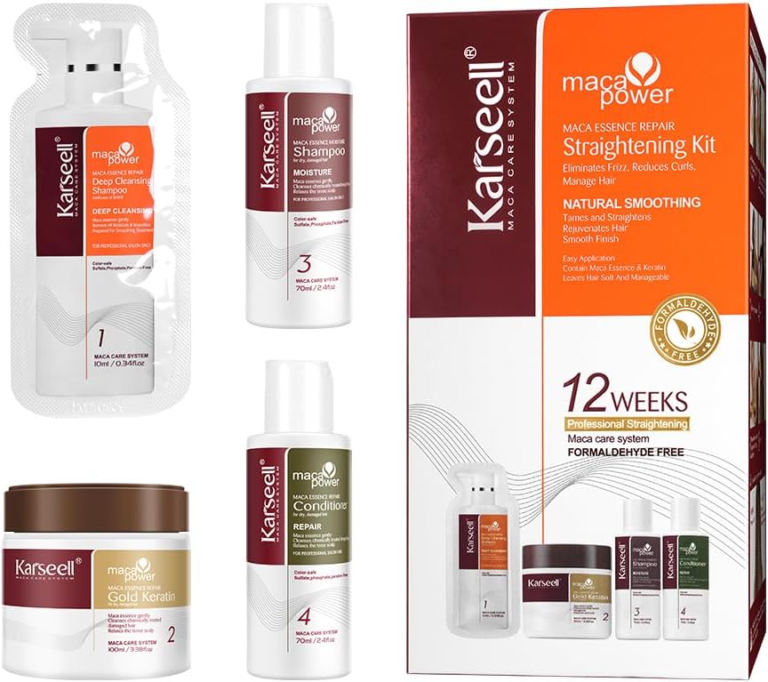 Karseell Maca Essence Keratin Hair Straightening Kit, 12 Weeks of Home Use Professional Straightening, Straighten and Smooth Hair, All Hair Types