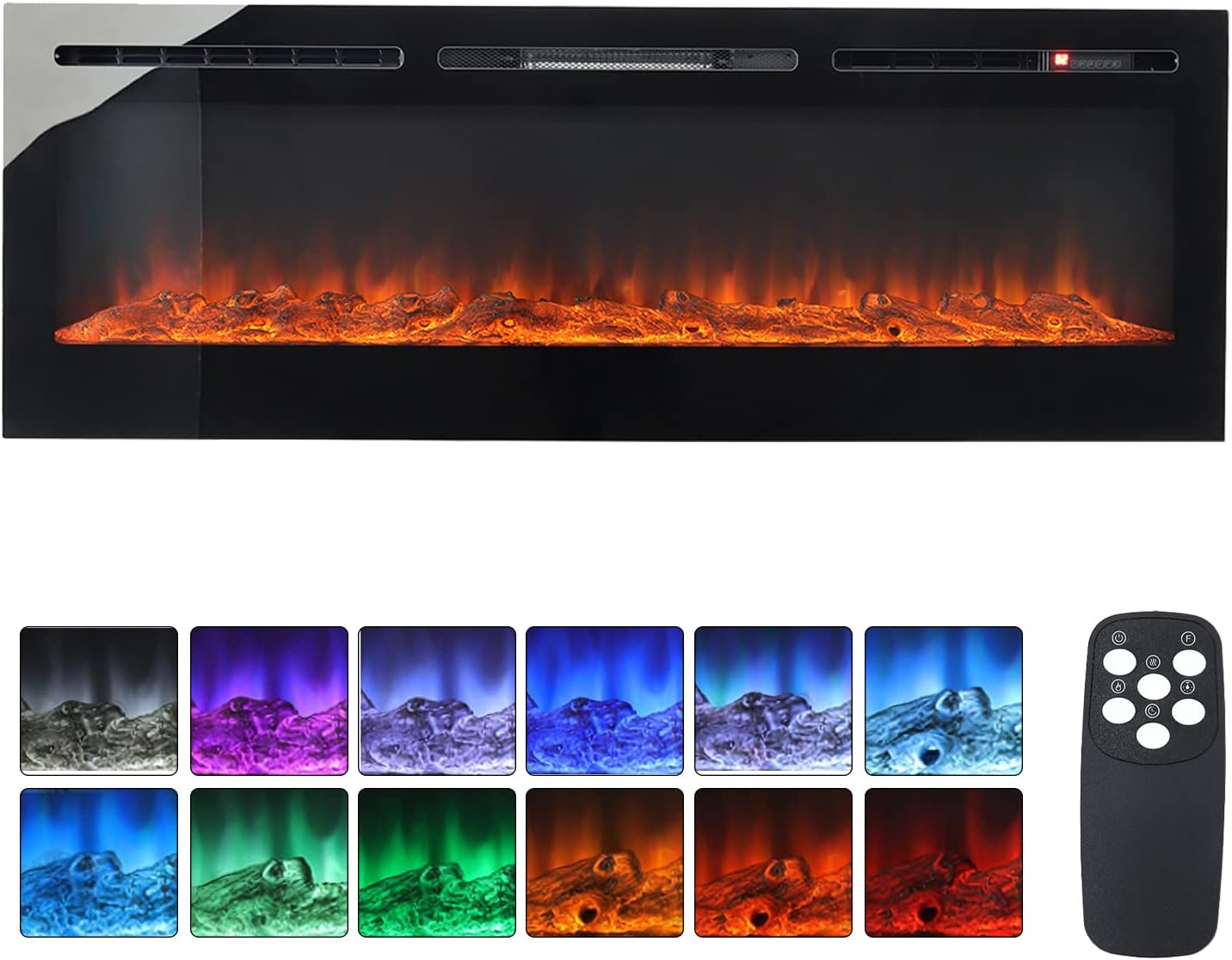 INMOZATA 127cm Electric Fire Wall Mounted Recessed Electric Fireplace With 12 LED Flame Colors, Adjustable Thermostat, Crystal&Logs Set, 900W/1800W, Remote&Touch Screen Control (127cm/50in, Black)