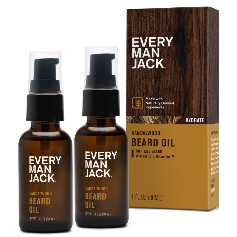 Every Man Jack Mens Beard Oil - Subtle Sandalwood Fragrance - Deeply Moisturizes and Softens Your Beard and Adds a Natural Shine - Naturally Derived with Shea Butter and Argan Oil - 1 fl oz (2 Pack)