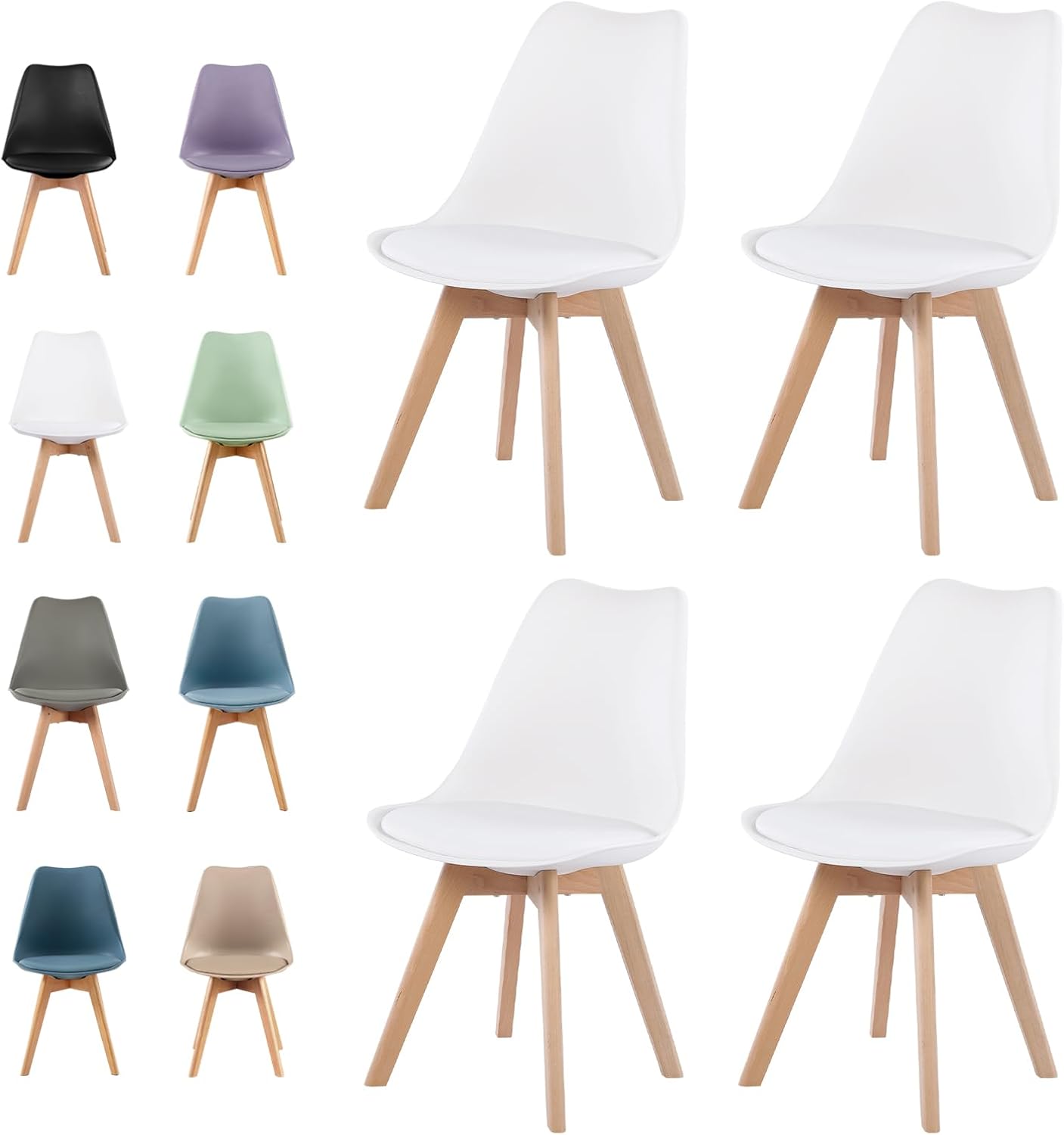 buybyroom Modern Dining Chairs Set of 4 with Wooden Legs and Soft Cushion for Living Room, Garden, Kitchen, Bedroom, Outdoor and Office, White