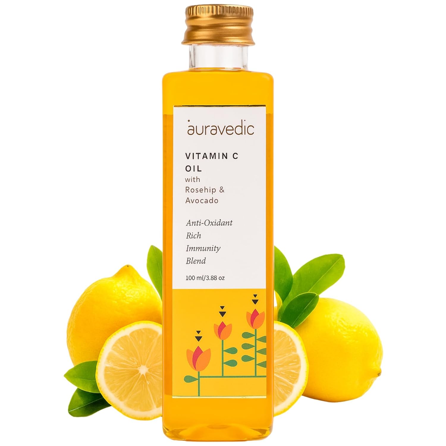 Auravedic Vitamin C Face Oil | with Rosehip, Avocado and Vitamin E | Natural & Organic Skin Moisturizer | Ayurvedic Facial Massage Oil for Soft, Smooth Skin | 3.38 Fl Oz (100ml)