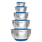 Viking Culinary Stainless Steel Mixing Bowl Set, 10 piece, Non-slip Silicone Base, Includes Airtight Lids, Dishwasher Safe, Blue