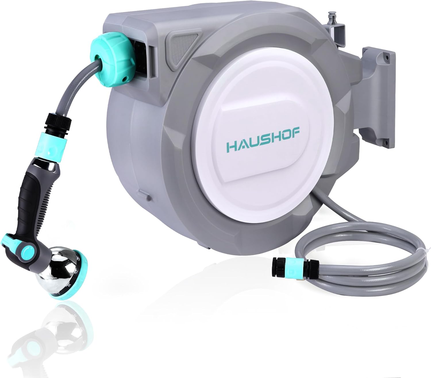 HAUSHOF 30m Wall Mounted Hose Reel with 10-in-1 Spray Gun, 180° Swivel Garden Hose Reel, Auto Retractable Hose Pipe Reel with Lock Mechanism, Ideal for Outdoor Watering