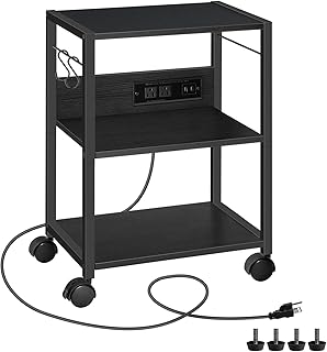 Industrial Printer Cart, 3-Tier Mobile Printer Stand, Rolling Cart with Power Outlets and USB Ports, Home Printer Stand with 2 Hooks, for Office, Living Room, Black PTHB40E01
