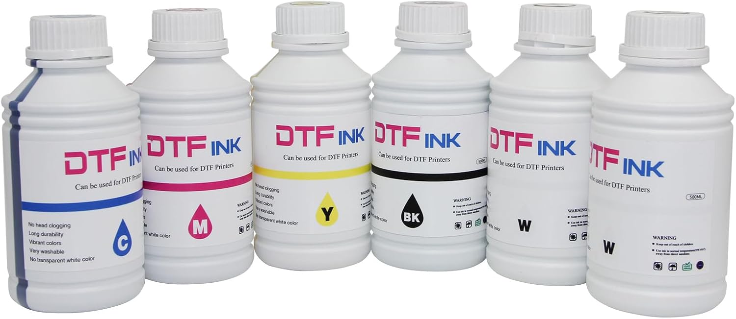 Furvveerr CMYKWW DTF Ink for DTF Printers, 6 x 500 ml, Suitable for L1800/R1390/TX800/XP600 Print Spray Head