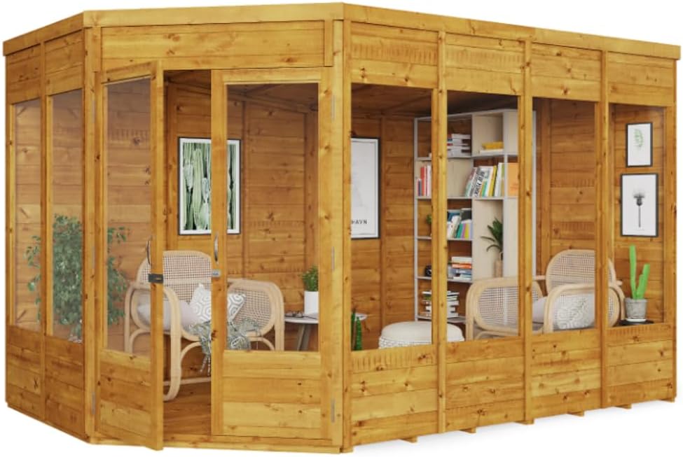 BillyOh Corner Summerhouse 11 x 7 Log Cabin Garden Storage Shed Summer House Renna Wooden Summerhouses (Doors on Left)