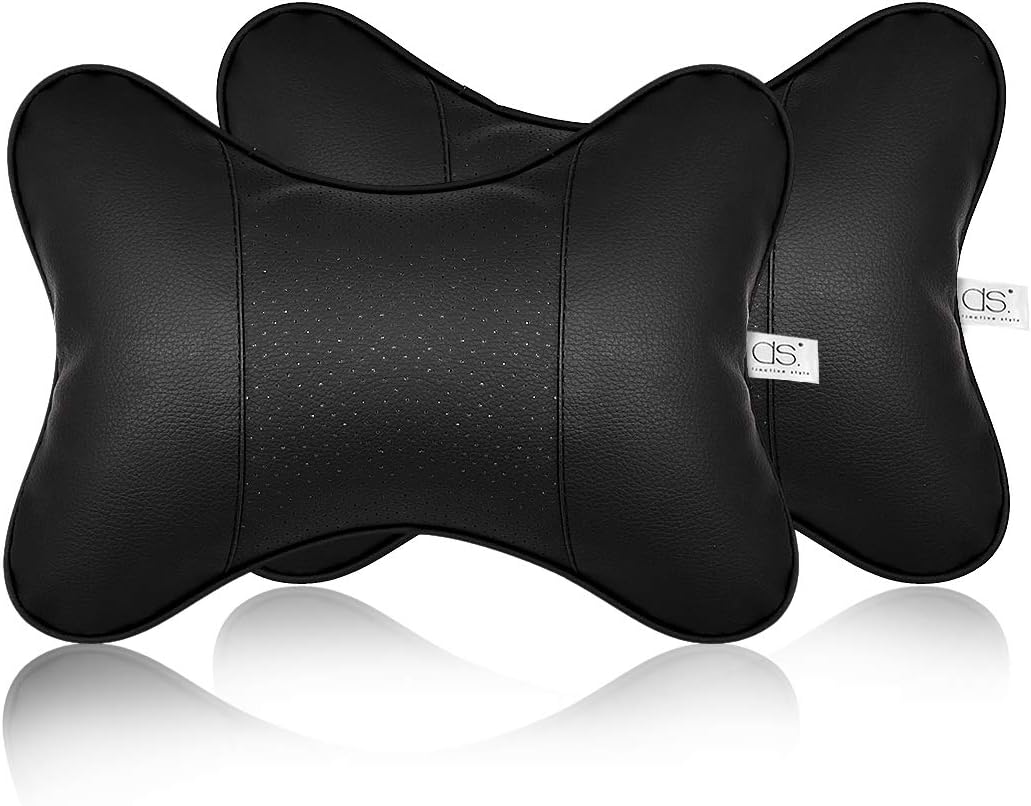 DS. DISTINCTIVE STYLE Car Neck Pillow 2 Pieces PU Leather Travel Pillow for Head Rest Neck Support for Car Seat (Black with Buckle)