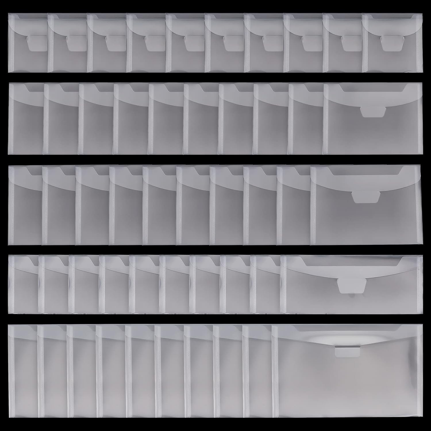 GLOBLELAND 50Pieces Clear Stamp and Die Storage Bag Pockets 5Size PVC Plastic Stamp Seal Storage Envelopes Case Dies Stamp Storage Pocket Protectors for DIY Paper Card Scrapbooking Craft