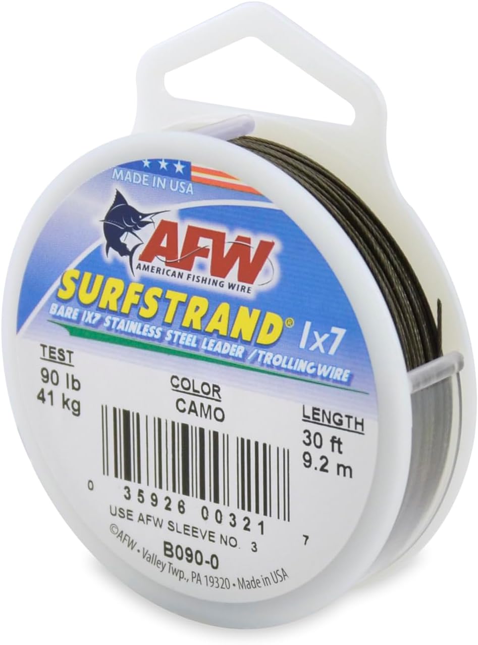 American Fishing Wire Surfstrand Bare 1x7 Stainless Steel Leader Wire - Fishing Leader Line for Saltwater, 20lb Test - 325lb Test in Bright, Camo in 30ft, 300ft, 600ft and 1,000ft Lengths