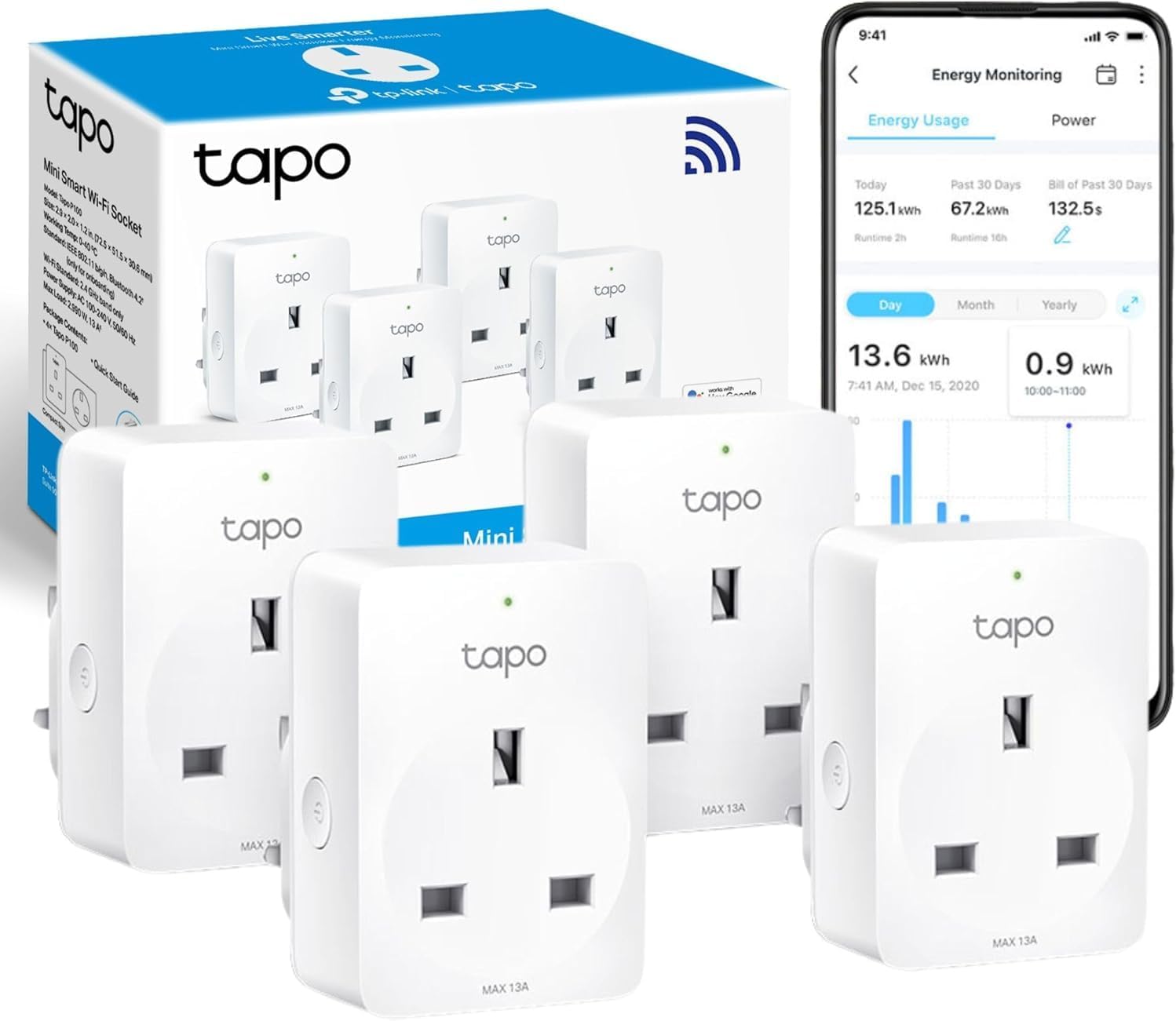Tapo P110 (4-Pack) Smart Plug, WiFi Plug, Energy Monitoring, Electricity Usage Monitor, App Remote Control, Alexa Plug, Voice Control with Alexa & Google, Away Mode, Scheduling & Timer, Device Sharing