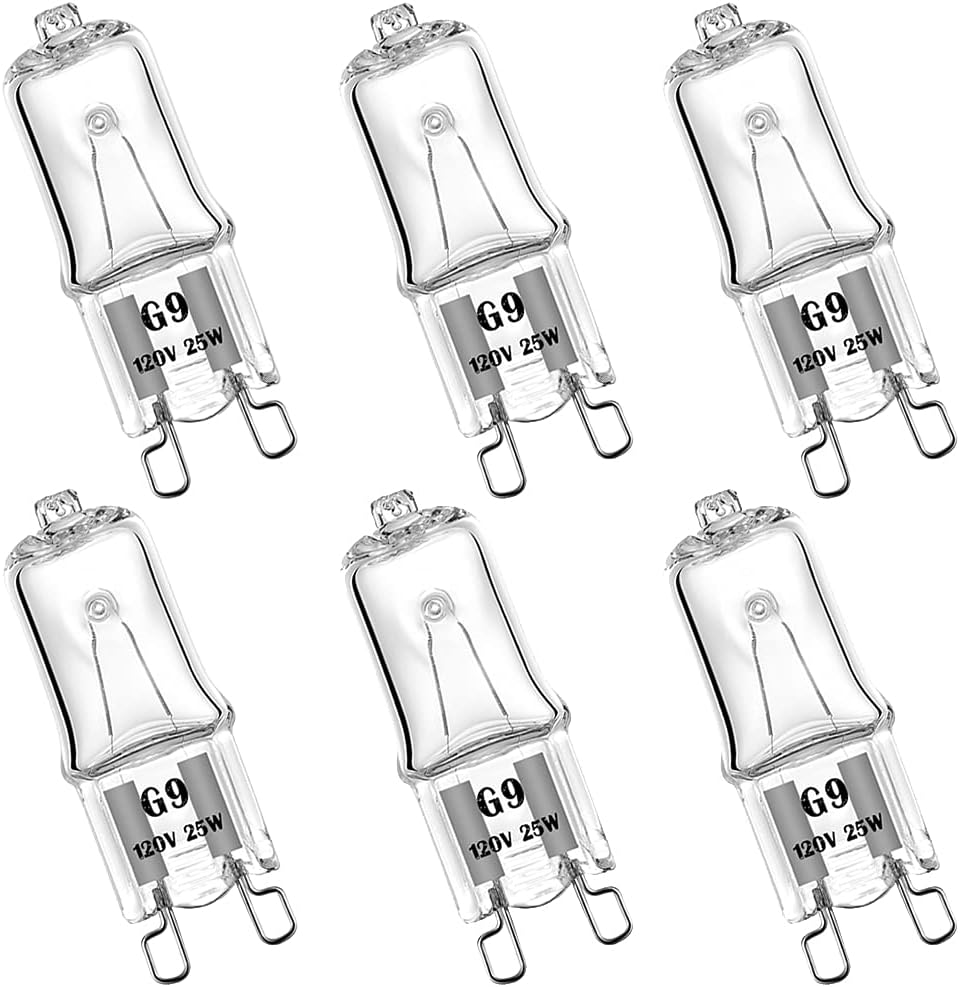 YBEK G9 Halogen Bulb 120V 25W T4 Type 2 Pin Base, Replacement for Range Hood Lights, Bathroom Light Bulbs, Microwave Ovens Candle Warmer Light Bulbs, Wax melt Bulbs Dimmable Warm White (6 Pack)