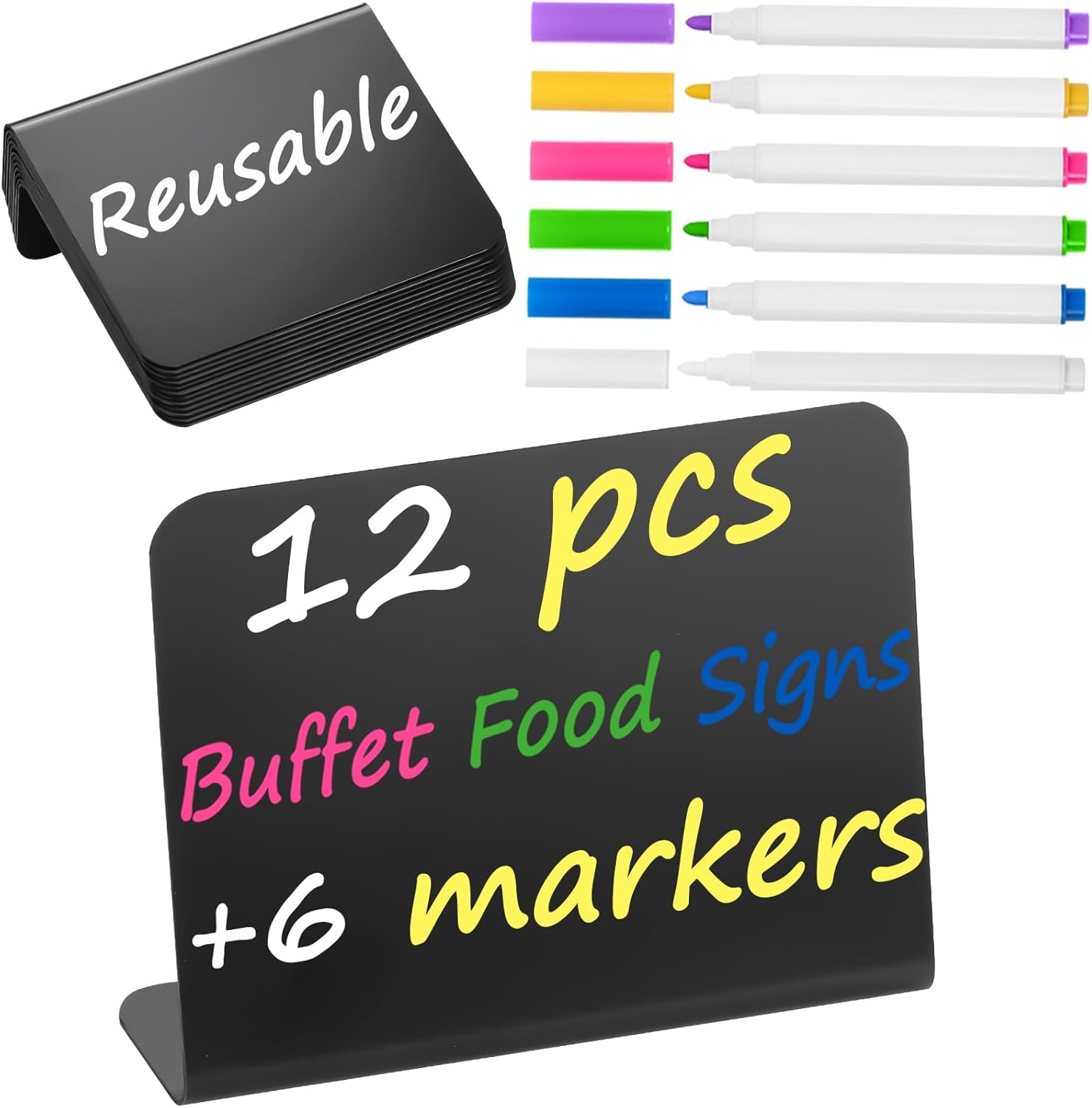 Herda 12 Pack 4"x3" Small Food Labels for Party Buffet Food Signs for Birthday Bakery Wedding Signs Tags Food Tags Place Cards Message Board Signs Mini Chalkboard Signs Includes 6 Wet Erase Markers