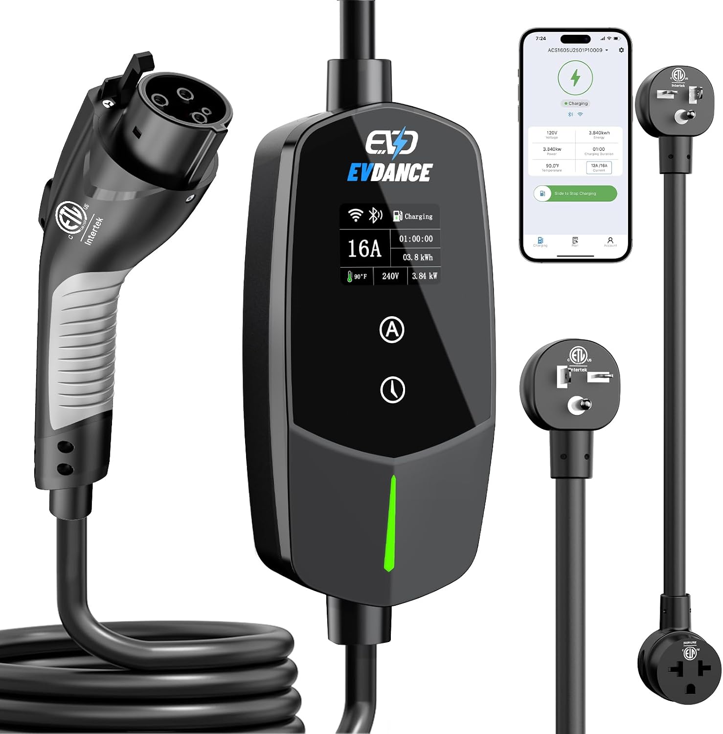 EVDANCE Level 1 & 2 Portable EV Charger, Smart App Control & WiFi/Bluetooth Enabled, 25ft Cable, ETL Listed J1772 EVSE for All EVs & PHEVs (Black, 16A Smart | NEMA 5-20&6-20(T-Blade))