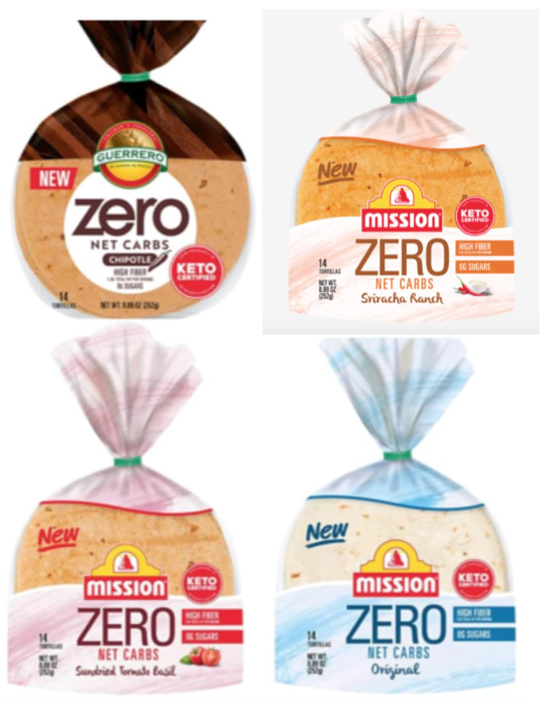 Mission Guerrero Zero Carb 0g Net Carbs - Keto Certified - 4.5" Street Taco - 14 Count, 8.89 oz. - Keto Friendly Low Carb Tortillas Variety Pack - Flour/Sun Dried Tomato/Chipotle/Sriracha Ranch - 4 Packs
