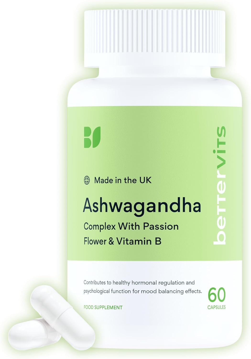 Bettervits Ashwagandha High Strength Complex with Passion Flower & Vitamin B | Organic KSM-66 Ashwagandha 800mg | Stress & Cortisol Support Supplement | 60 Capsules