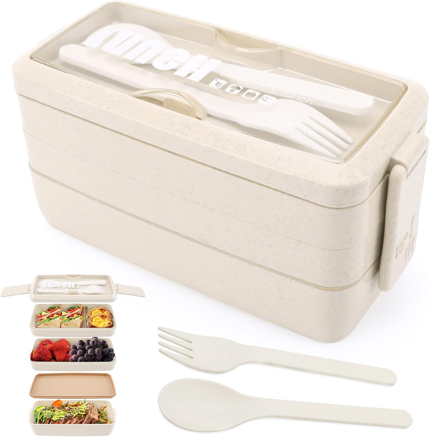 Yirochan 3 Layer Lunch Box Bento Box for Adults, 4-in-1 Meal Prep Container with Fork & Spoon, 1000ml Food Storage Box for Men Women Student School Office, Microwave Dishwasher Safe Available (Beige)