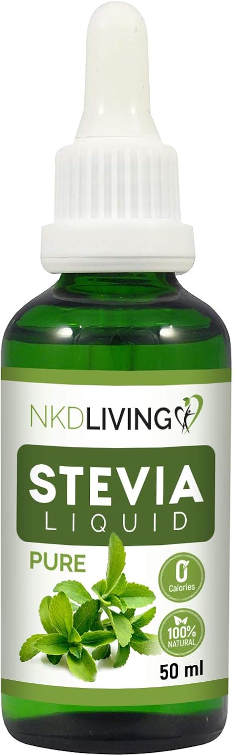 NKD Living Pure Stevia Liquid Drops 50ml - Pure Stevia, Unflavoured - with glass dropper (Other flavors also available: Vanilla, Caramel, Chocolate)