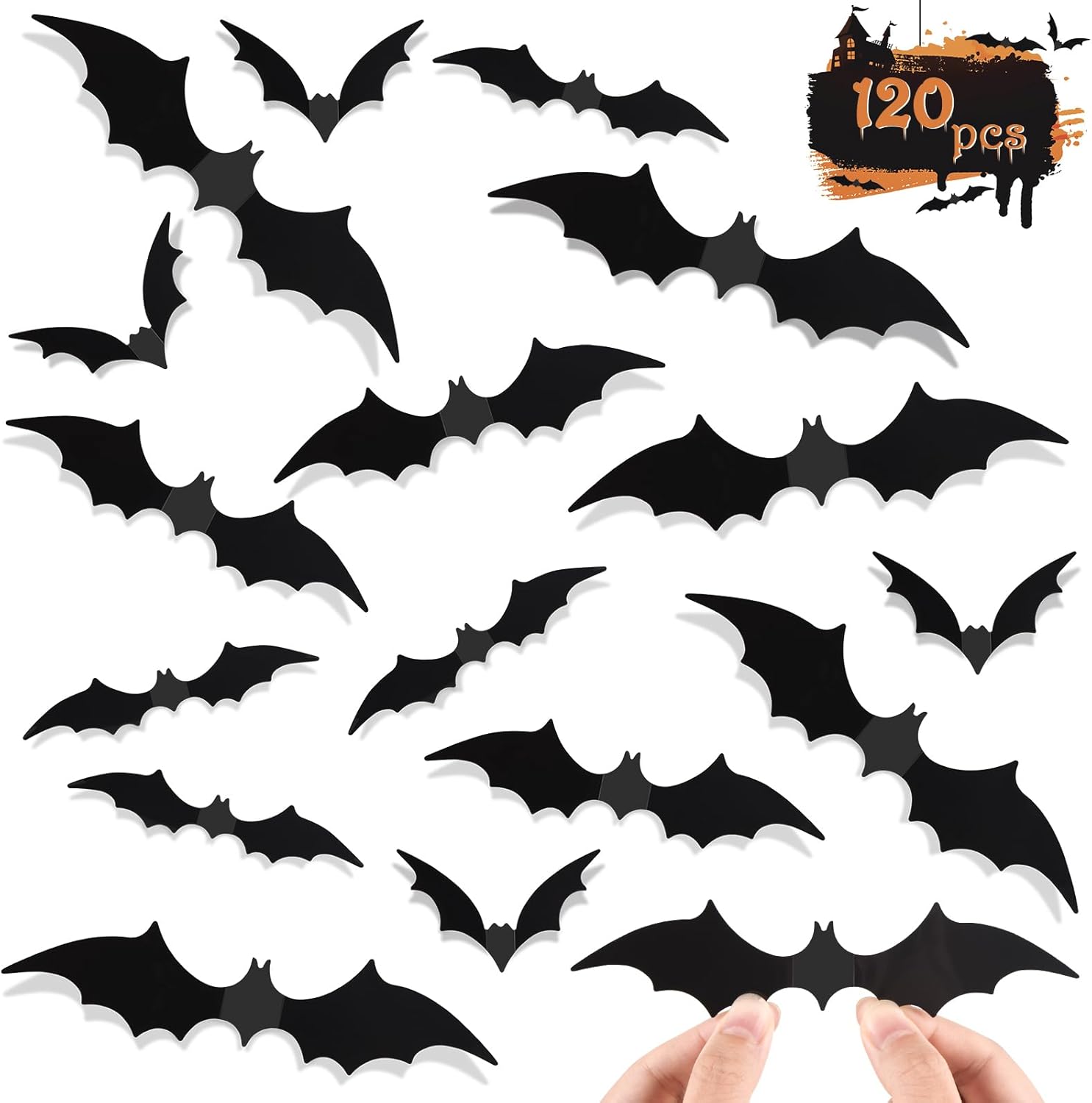 ZYFLSQ 120 Pcs Bats Wall Decor Halloween Decorations, 3D Bat Stickers for Home Decor 4 Size Scary Black Spooky Bats Party Supplies