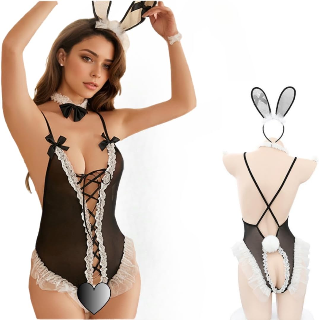 KFLY Sexy Lingerie Set for Women Bunny Cosplay Anime Criss Cross Bodysuit Costume Rabbit Roleplay Lace Outfits