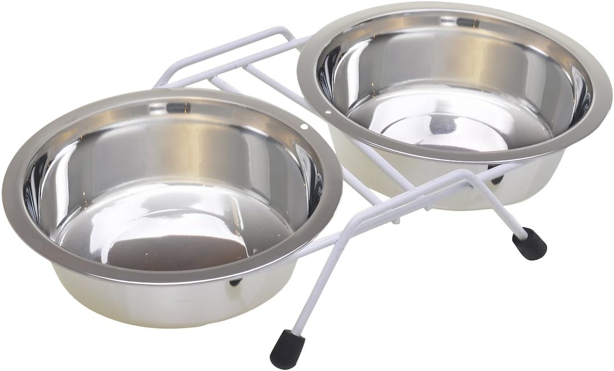 Van Ness Pets Raised Double Dish Feeder with Wire Rack For Cats And Small Dogs, with (2) 8 OZ Food And Water Bowls