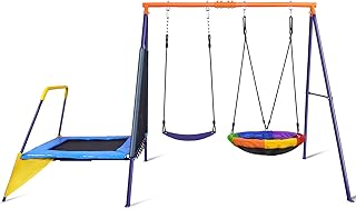 Swing Set for Backyard with Trampoline 440lbs with Heavy-Duty Metal A-Frame Outdoor Swing Set with 1 Saucer Swing Seat 1 Swings Seat & 1 Trampoline