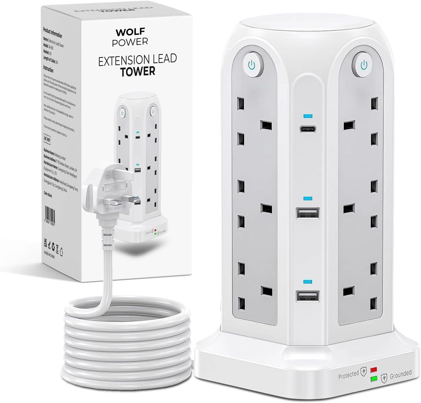 Wolf Power Tower Extension Lead with USB Slots, 18-IN-1 Surge Protected Extension Lead with 2M Extension Cable, 2 USB-C & 4 USB Ports, 12 UK Plug Sockets – Ideal for Home, Office & Workshop (White)