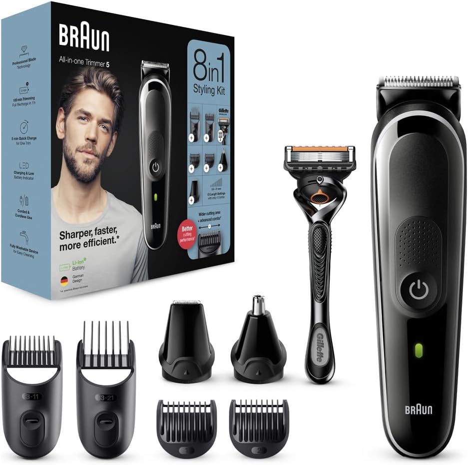 Braun 8-in-1 All-in-One Series 5, Male Grooming Kit with Beard Trimmer, Hair Clippers, Ear & Nose Trimmer & Gillette Razor, 6 Attachments, Gifts for Men, UK 2 Pin Plug, MGK5260, Black/Grey