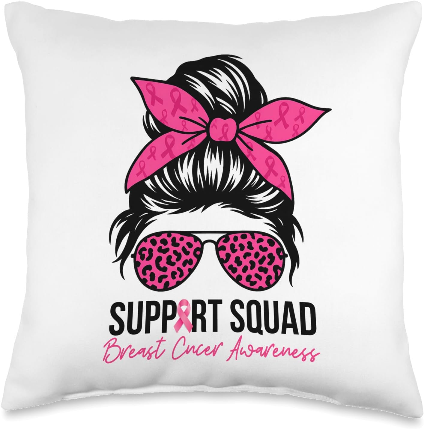Support Squad Messy Bun Pink Warrior Breast Cancer Awareness Throw Pillow