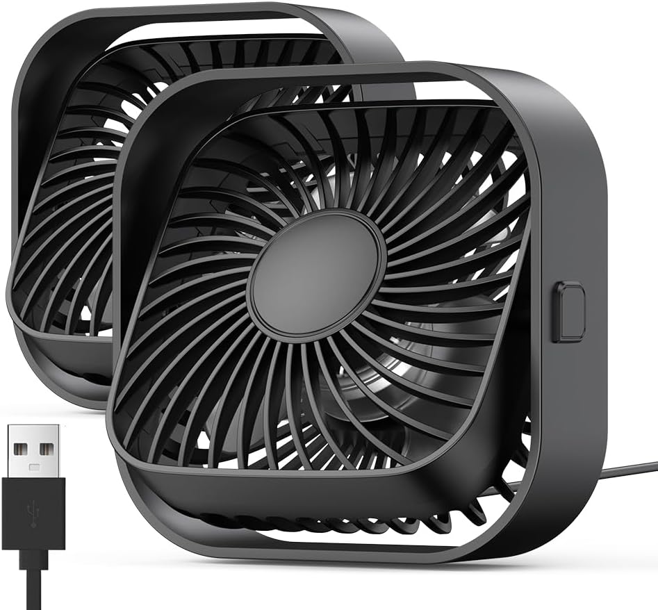 TOPK USB Desk Fan 2Pack Mini Personal Fan Portable, Strong Airflow & Quiet Operation, USB Powered, Three-Speed Wind Small USB Fan for Desk, 360° Rotatable Head for Home Office Table and Desktop Black