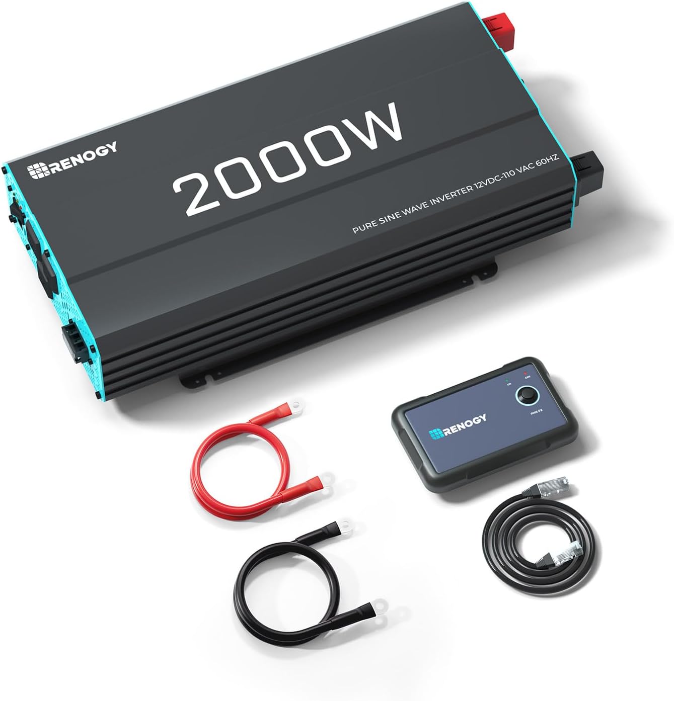 Renogy Inverter P2 2000W Pure Sine Wave Inverter 12V DC to 110V AC Converter, Off-Grid Solar Power Inverters for Vehicles, Truck, RV, Home, with Built-in 5V/2.1A USB/Hardwire Port, Remote Controller